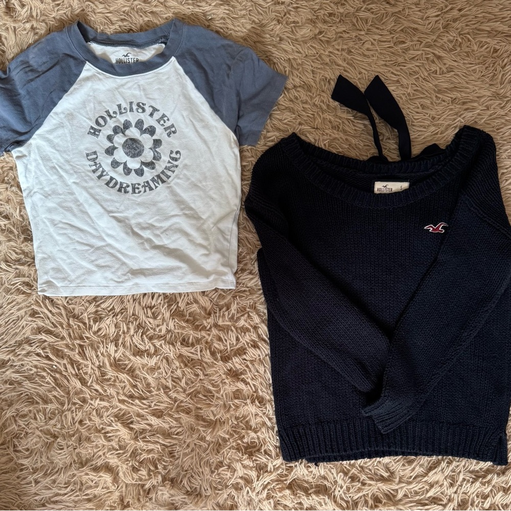 Vintage Hollister Women's Navy Sweater with Back Bow and Crop tee bundle